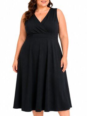 Women's Black Sleeveless Midi Dress Size 2XL V-Neck Empire Waist Stretch